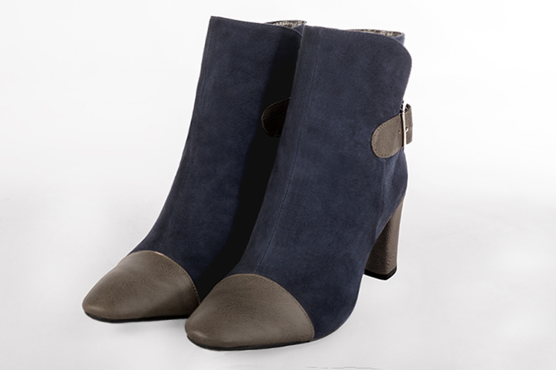 Women's taupe brown and navy blue elegant ankle boots, with buckles at the back. Round toe. Medium block heels - Front view